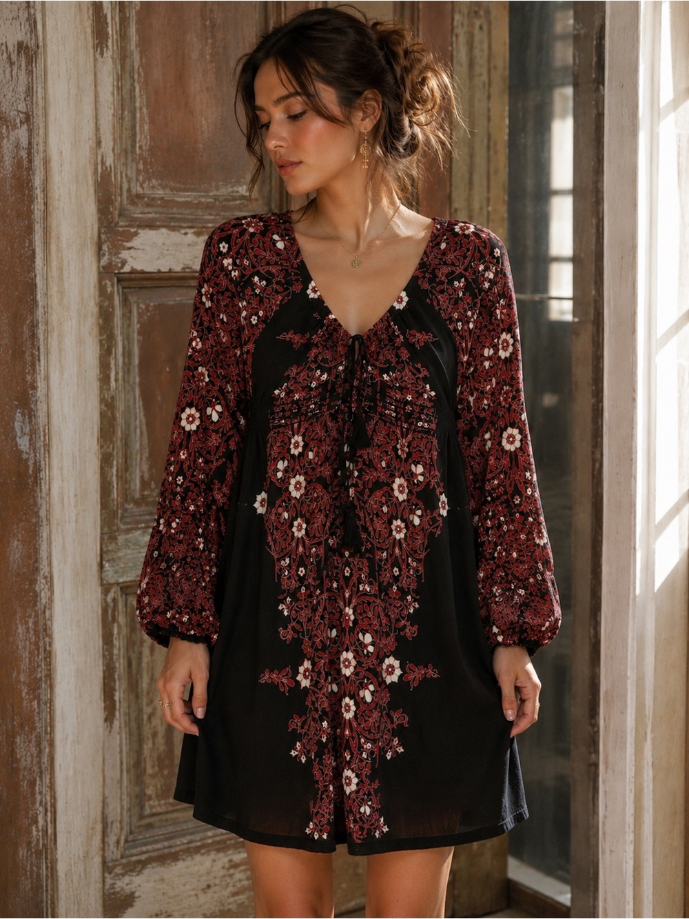 Chelsea & Violet Black Tunic with Red and White Floral Print95% Rayon 5 %spandex